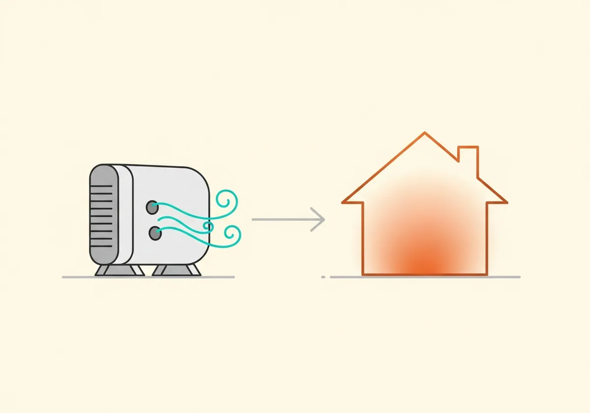 Schéma de l'aérothermie : captation des calories de l'air puis diffusion de chaleur dans la maison