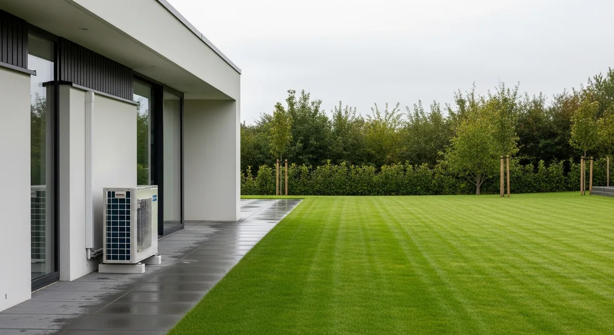 Maison moderne avec unité extérieure de pompe à chaleur et grand jardin engazonné