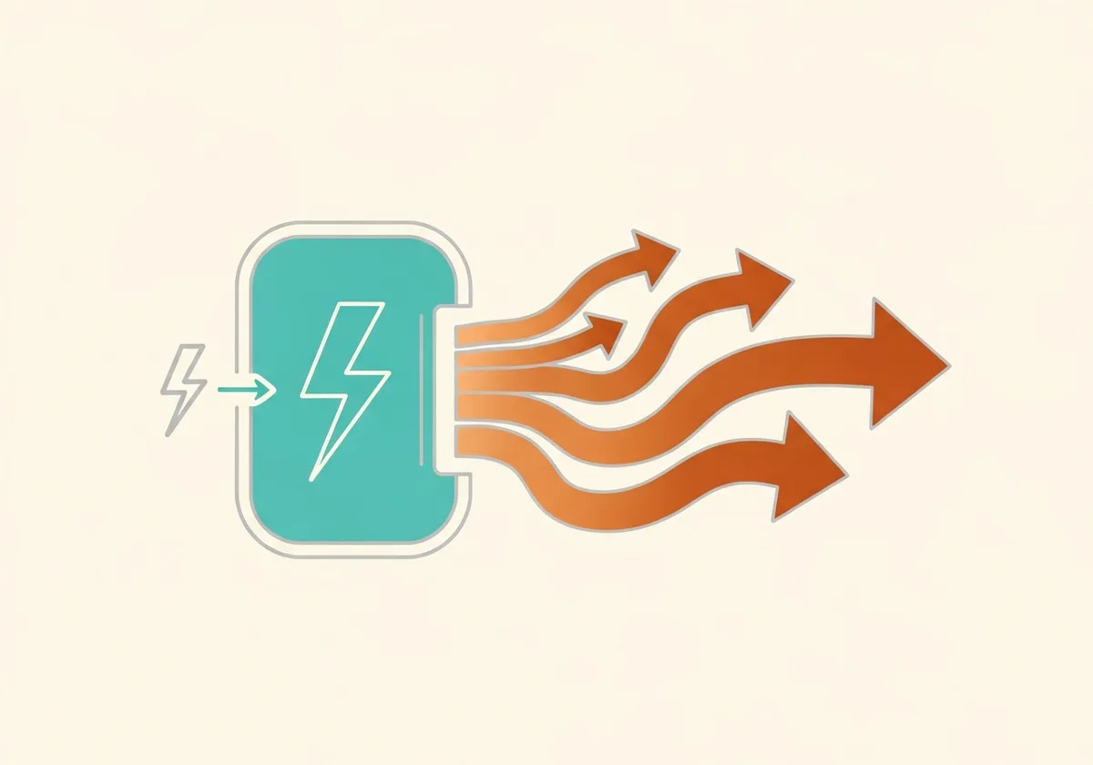 Schéma du rendement d'une pompe à chaleur : peu d'électricité en entrée, beaucoup de chaleur restituée