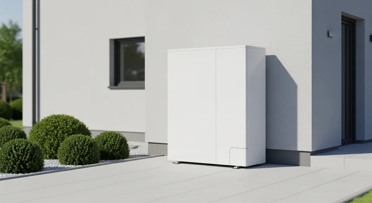 Unité extérieure de pompe à chaleur air/eau au casing blanc devant une maison moderne