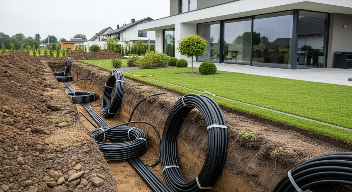 Tranchée de jardin avec capteurs géothermiques enterrés devant une maison moderne